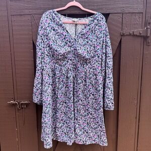 NWT Womens XXL Floral Long Sleeve V-Neck Empire Waist Mini Dress NEW Boho Garden